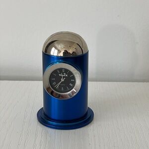 Topix MCM Art Deco Metal Blue Desk Clock with Silver Accents and Round Face